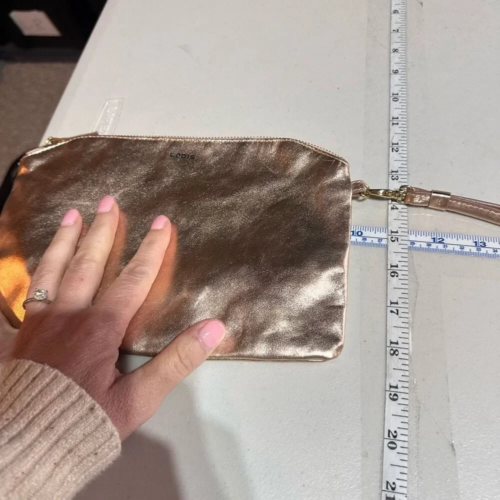 Lodis Rose Gold Metallic Leather Clutch Wristlet‎ Cosmetic Makeup Bag Toiletries
